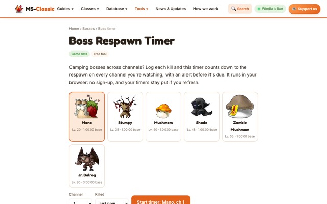 MS-Classic Boss Timer 화면